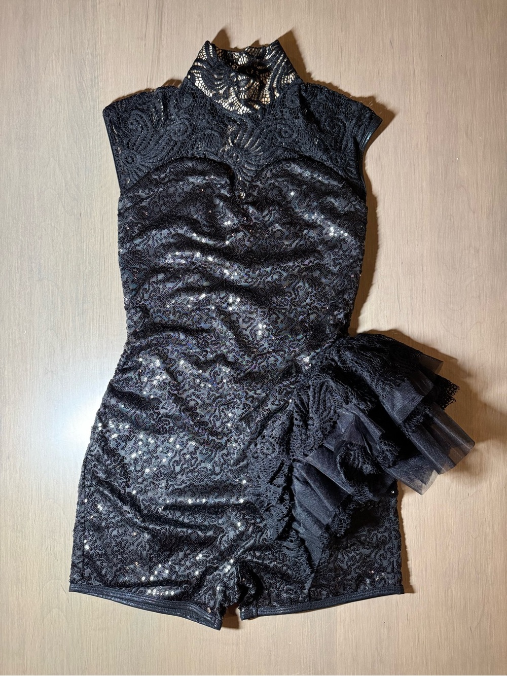 Black Sequin Lace High-Neck Biketard Romper Dance Costume with Ruffle Accent